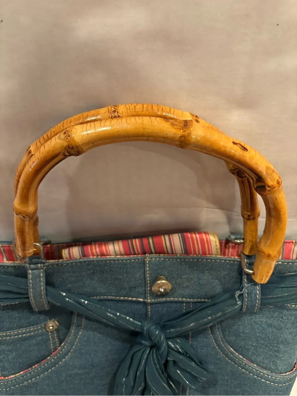 Bottega Blu Blue Denim Tote with Bamboo Handles and Tie Accent